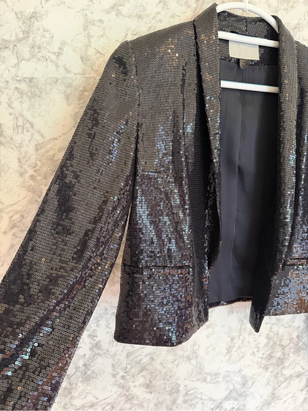 H&M Women's Navy Sequin Open-Front Blazer